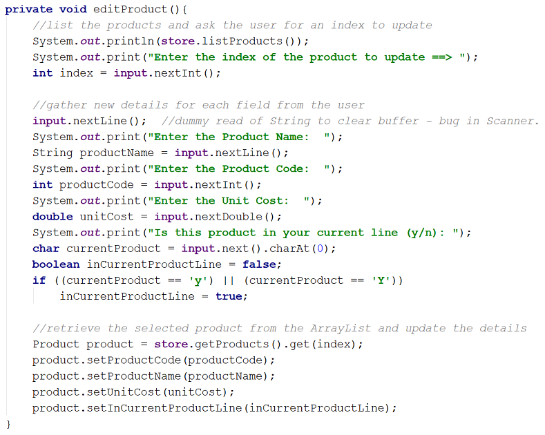 Figure 3: Code for updating a Product